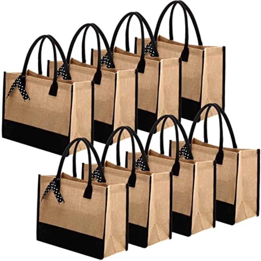 

8 Pcs Black Burlap Tote Bag Set Jute Totes with Handles Large Reusable Burlap Grocery Bags with Polka Dot Ribbon for Bridesmaid