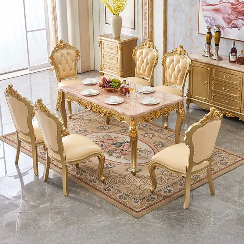 European long dining table and chair combination solid wood square marble champagne gold restaurant home luxury high-end table
