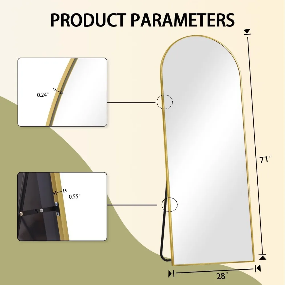 Espejo de arco de 71 "x 28" de longitud completa, espejo de pared, soporte de suelo colgante o inclinado, marco de aleación de aluminio, espejo de cuerpo completo para dormitorio