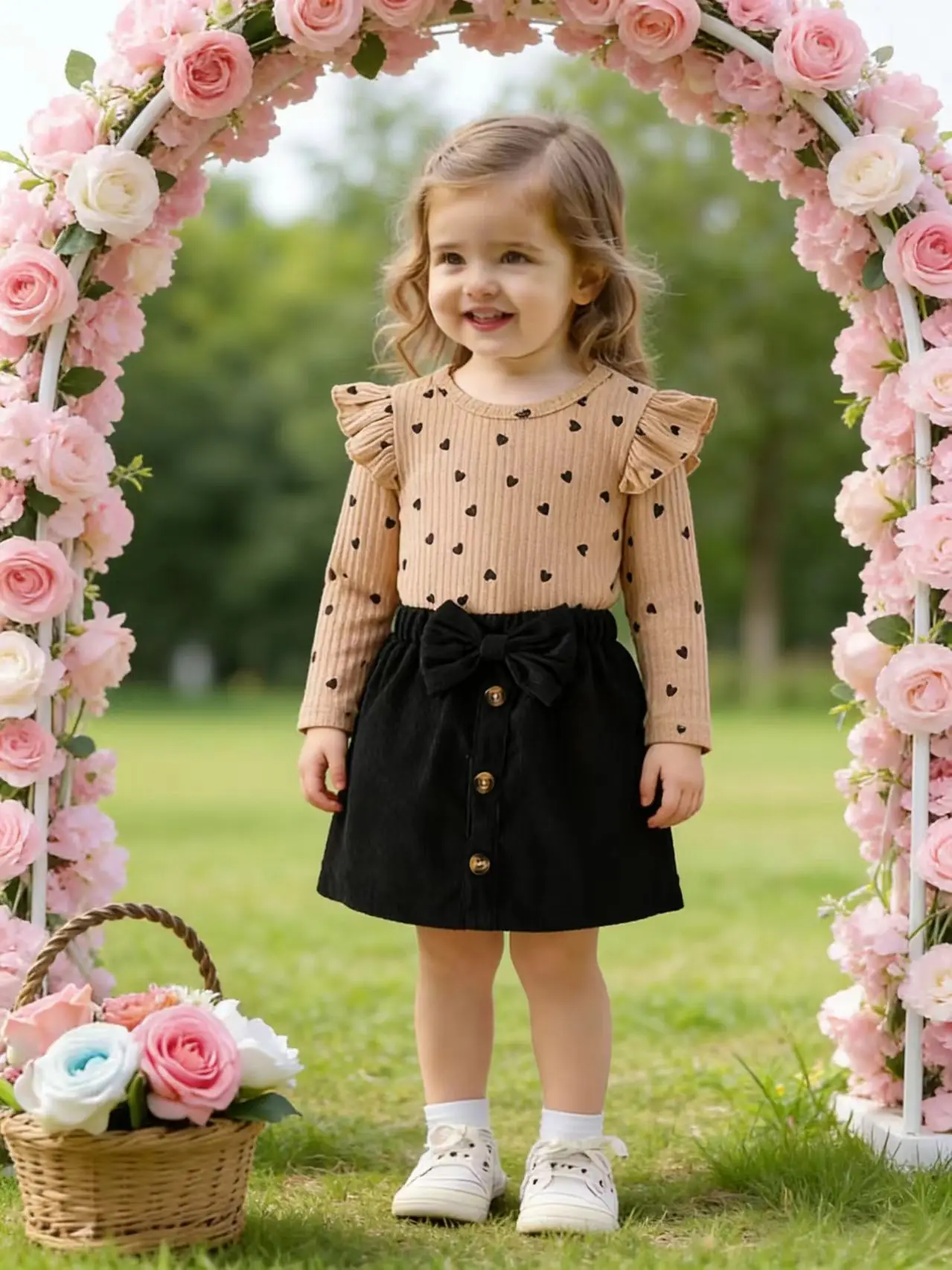 Spring and autumn style baby girl love print long-sleeve bow-decorated black skirt casual two-piece set