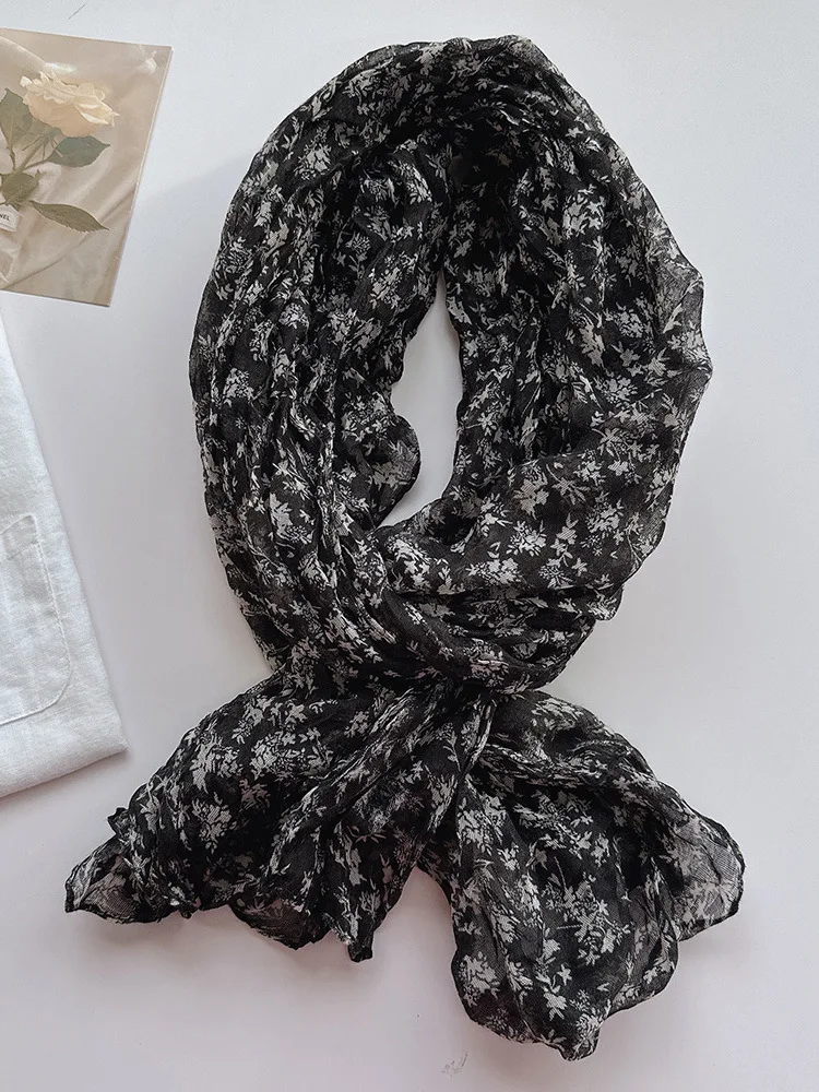 レトロコットンリネンスカーフ女性の旅行用エアコン付きルームフローラルプリーツネックプロテクター春夏ファッションアクセサリー