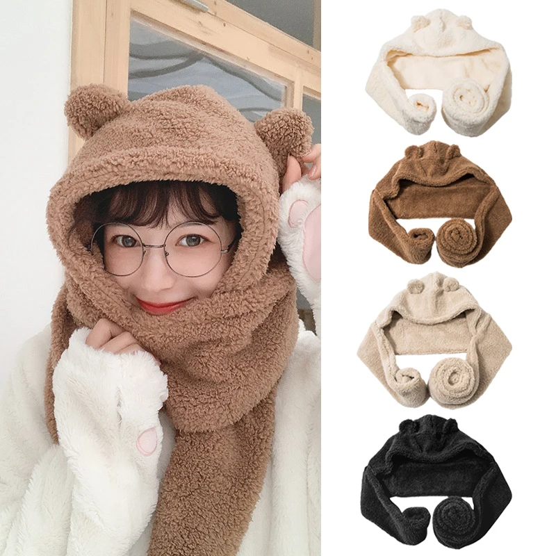 

Fashion Winter Women Bear Multifunctional Beanies Cap Warm Bear Ear Hats Casual Plush Hat Scarf Set Casual Solid 3 Piece Sets