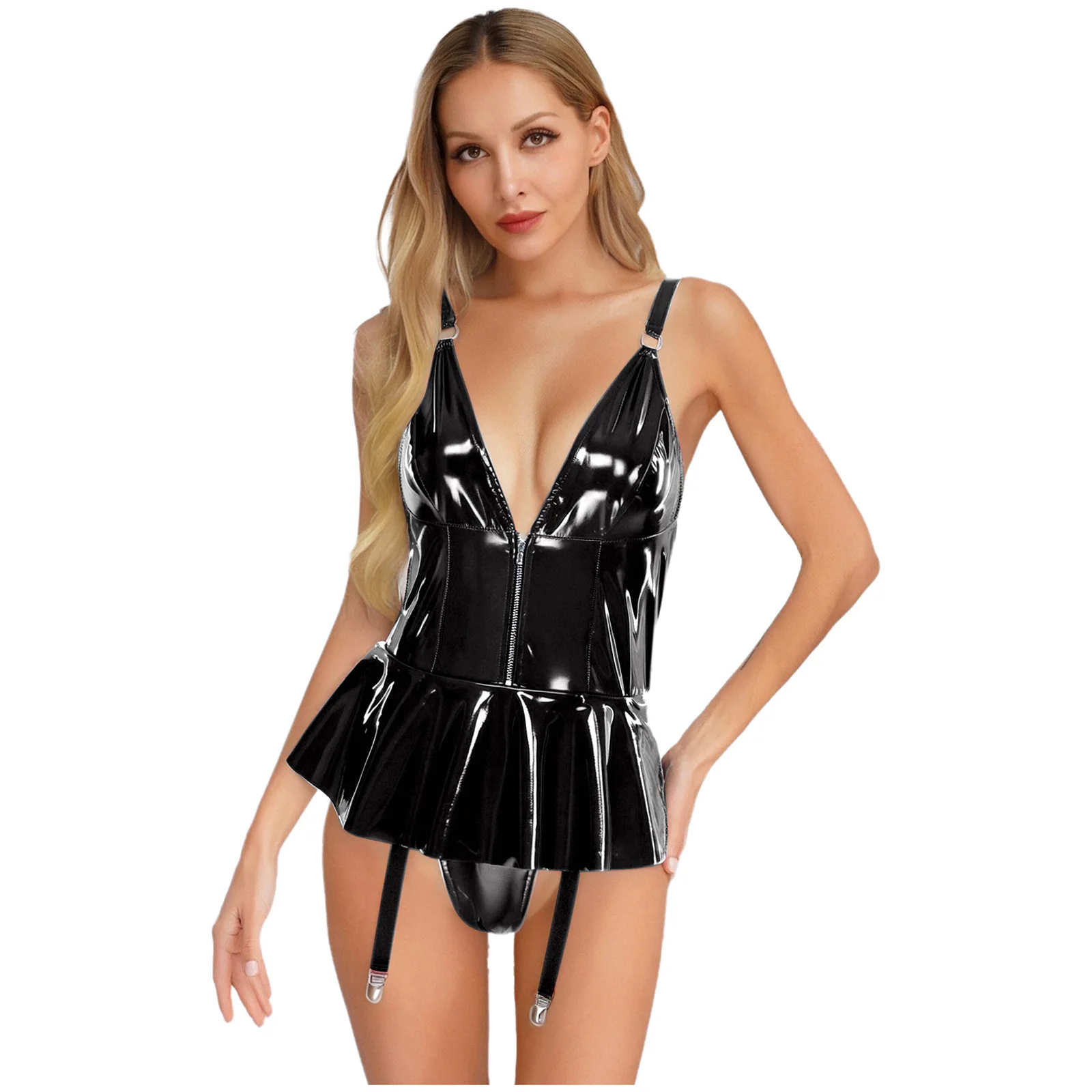 レディースランジェリーラテックス Pu レザーボディスーツ内蔵ブリーフガーターフロントジップバックレースアップ光沢のあるスリングミニドレスセクシーなキャットスーツ