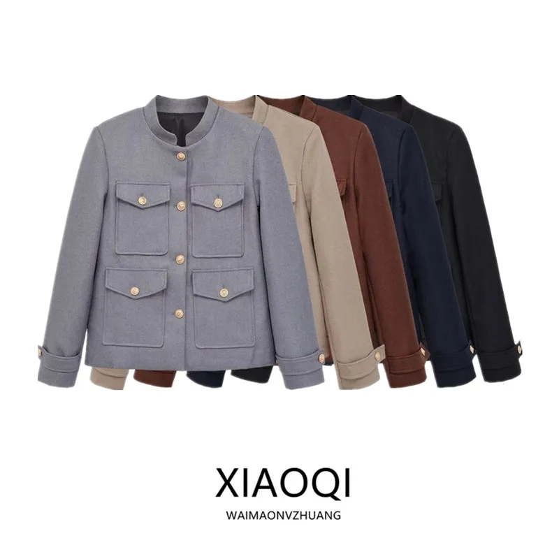 Fashionable Versatile Women's Jacket Autumn 2026 Stand Collar Multiple Pockets Design Loose Fit European Style Short Coat