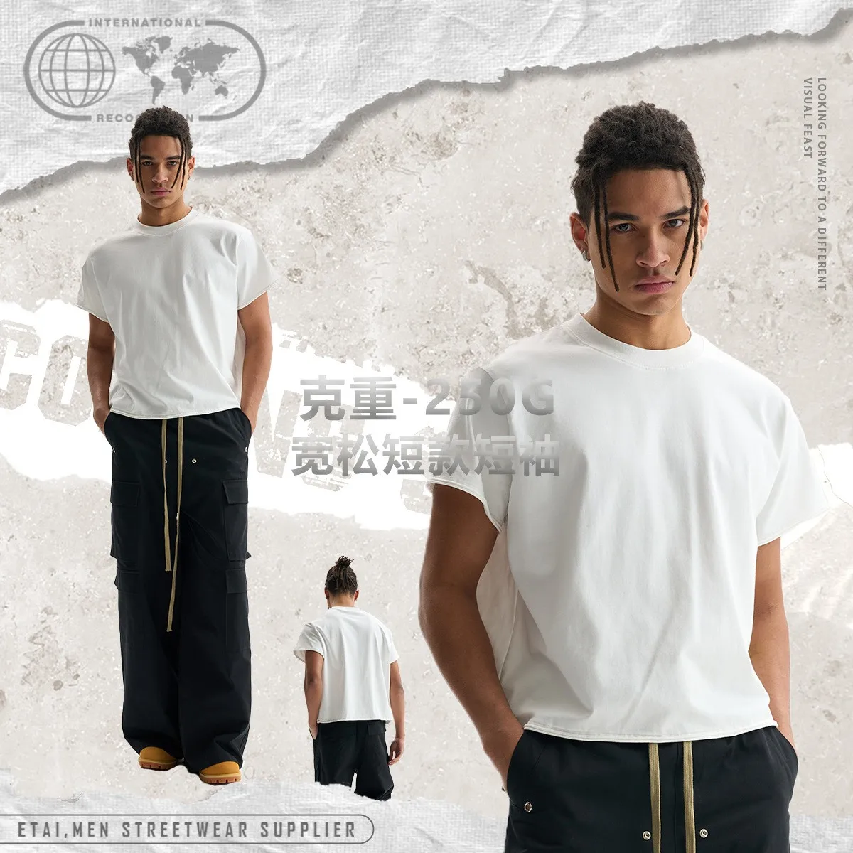 

Summer Men's Clothing Cotton Loose Fit Short Sleeve T Shirt For Man Streetwear Y2K Tops Crew Neck Raw Edge Crop Tee Solid Color