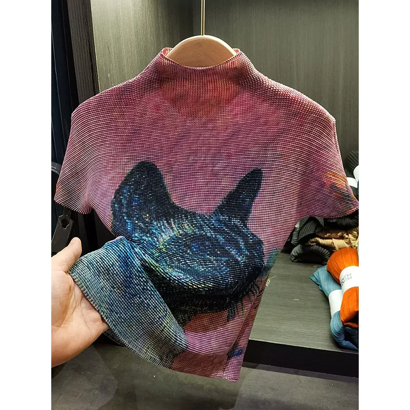 

Плиссированная футболка Miyake, женская дизайнерская ниша, новинка лета 2025, складной топ с принтом, воротник-стойка, плиссированные топы с короткими рукавами