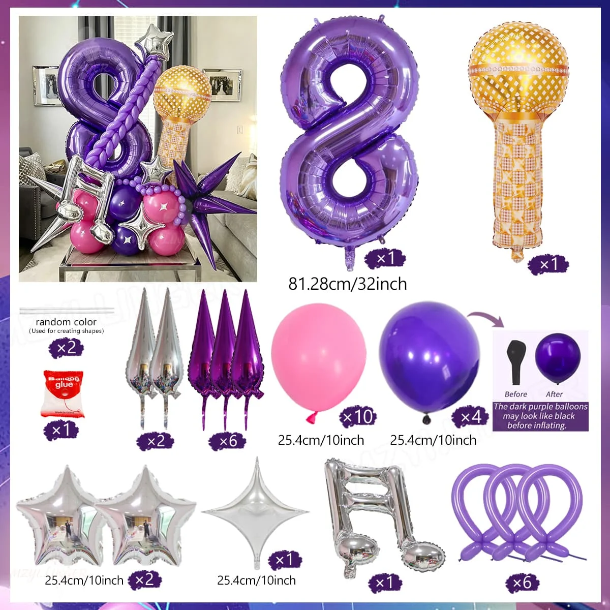 Lila Zahlenballon und Notenballon-Set, Mikrofonförmiger Ballon für Geburtstagsfeiern, Disco- und Musikpartys, Dekoration (0-9) – Detail 9