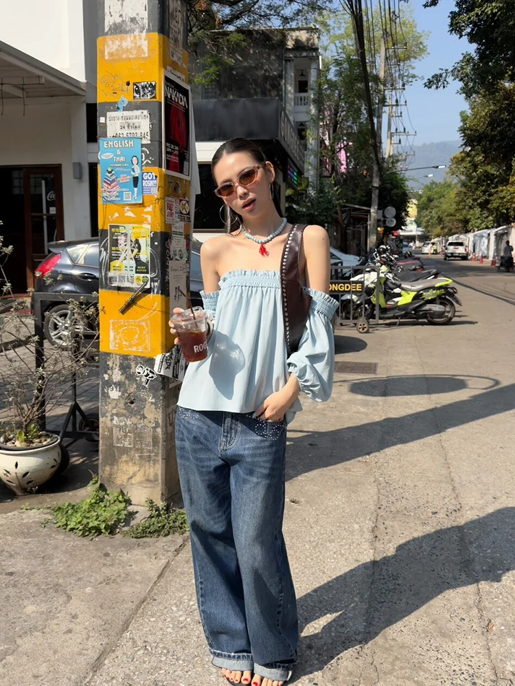 

Suuzouu2026 Summer New Pure Desire One-Shoulder Tube Top Bubble Sleeve Small Shirt Women Slimming Sexy Shoulder Bared Top