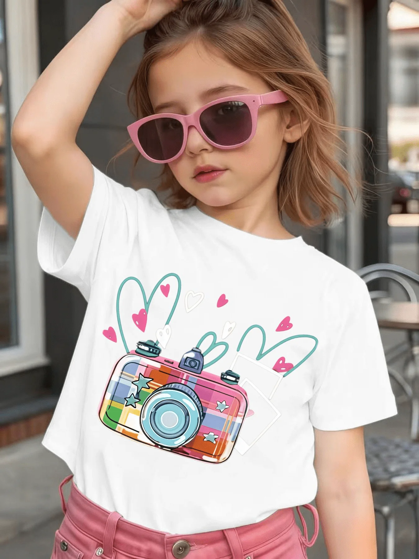 Kids Family Tee Colorful Retro Camera Heart Star Graffiti Print Boys Girls Soft Short Sleeve Casual Daily Matching Tops