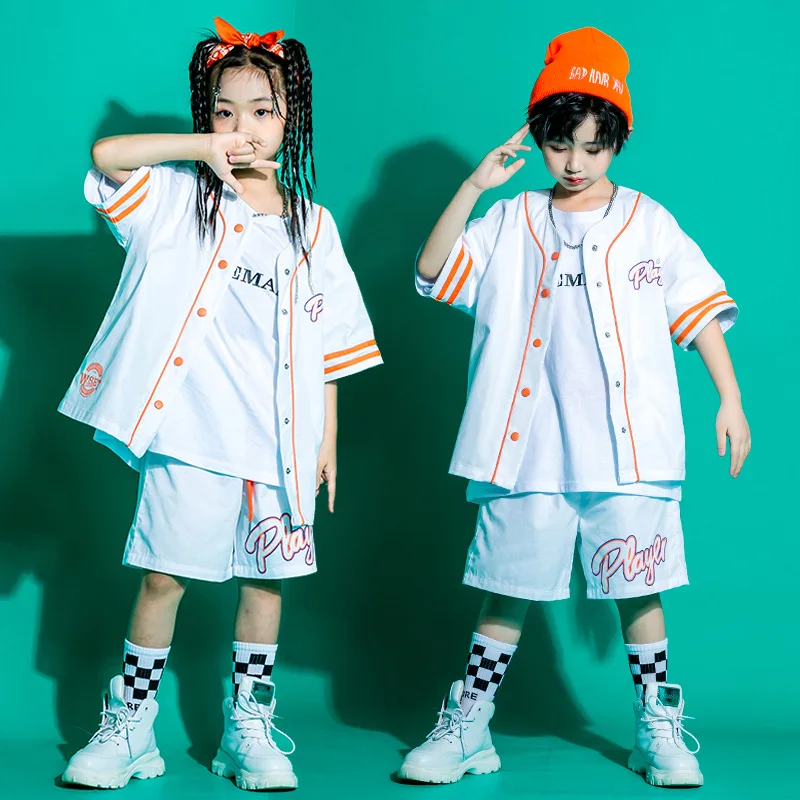 Kid Kpop Hip Hop Clothing Baseball Cardigan Shirt Top White Streetwear Cargo Jogger Pants Shorts for Girl Boy Jazz Dance Costume