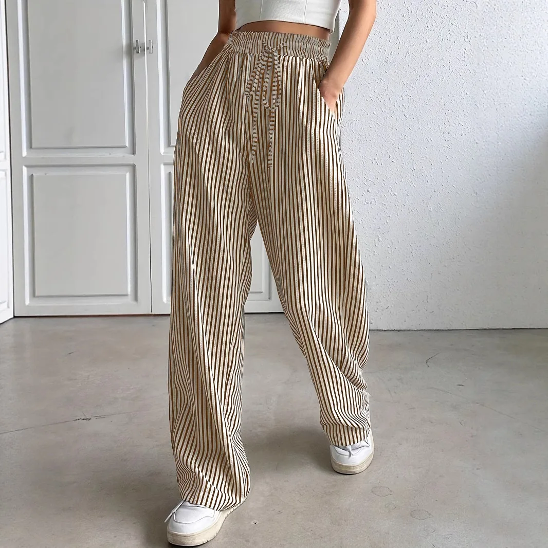 المرأة عارضة مخطط السراويل الطويلة عالية الخصر مستقيم الساق السراويل مريحة محبوك ألياف البوليستر الخريف Faion