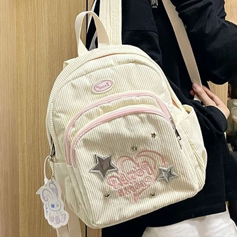 Fashion Corduroy Students Mochila Japanese Sweet Embroidered Pattern Backpack Multi-pocket Aesthetic Rucksack Y2K Women Knapsack