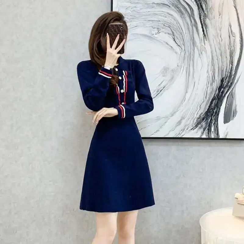 #0949 Navy Blue Sweater Dress Women Polo Collar Buttons Office Knitwear Mini Dress Female Slim Sexy A-line Short Knitted Autumn