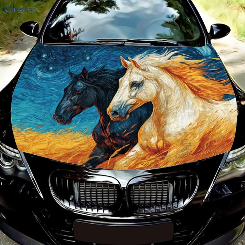 Vibrant car hood cover featuring two dynamic horses in fiery and cool tones, set against a swirling blue sky backdrop.Hood Wrap,