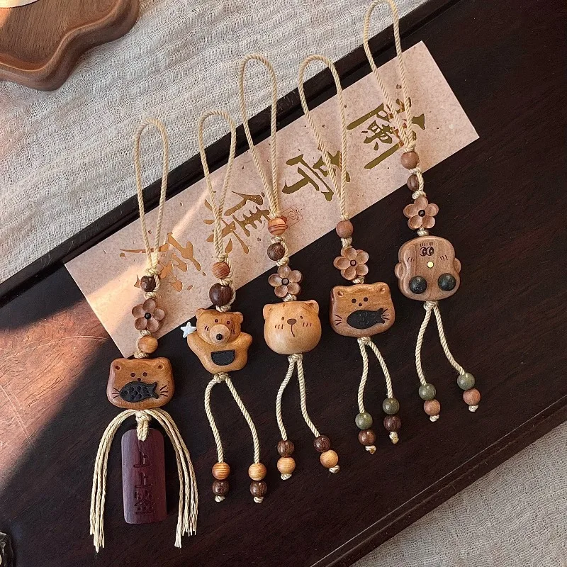 Peach Wood Good Luck Pendant Cartoon Cat Eating Fish Carving USB Flash Drive Keychain Bag Charm Gifts