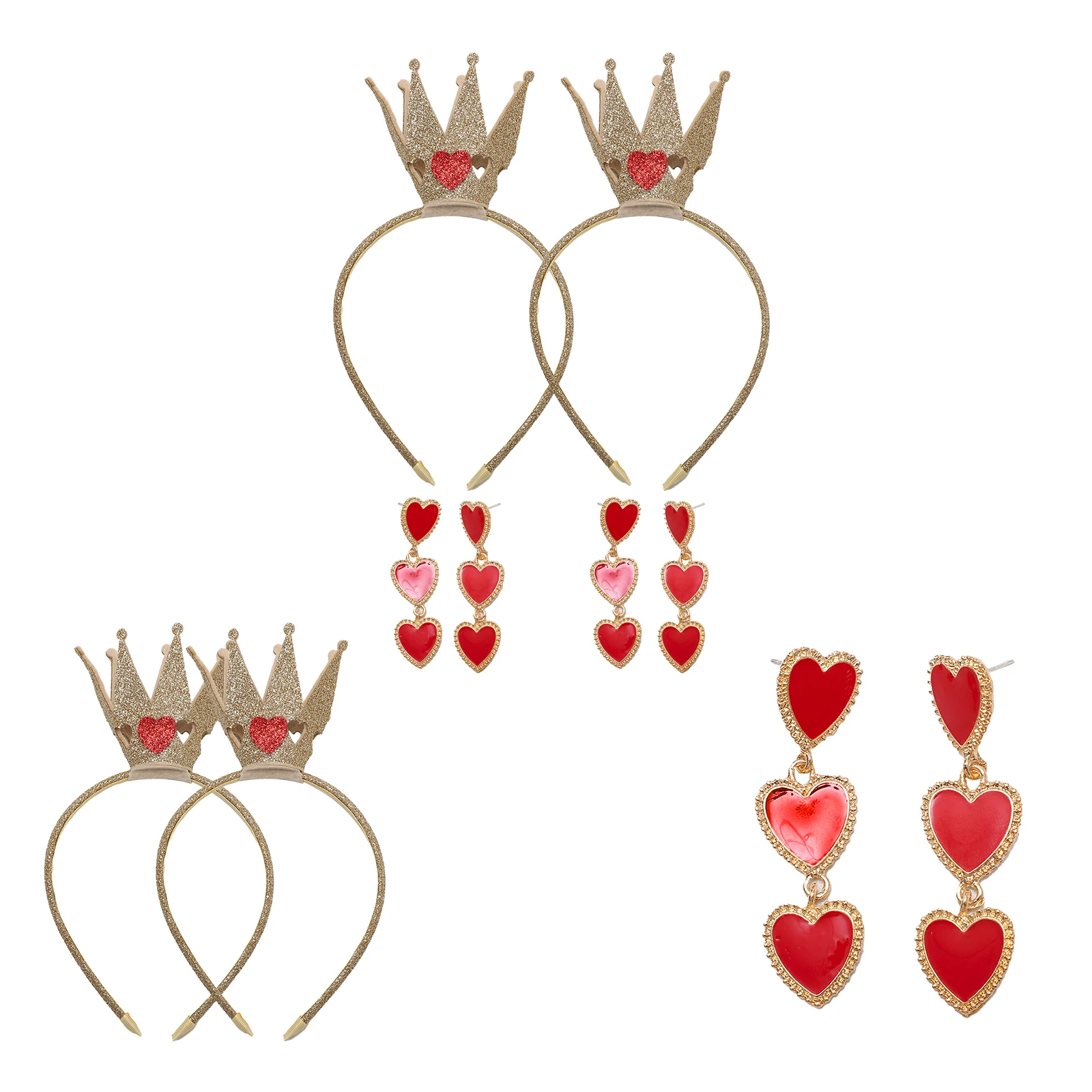 2 Sets Halloween Queen Costume Accessories Crown Hair Hoop Headband with Heart Shape Earrings for Cosplay Party