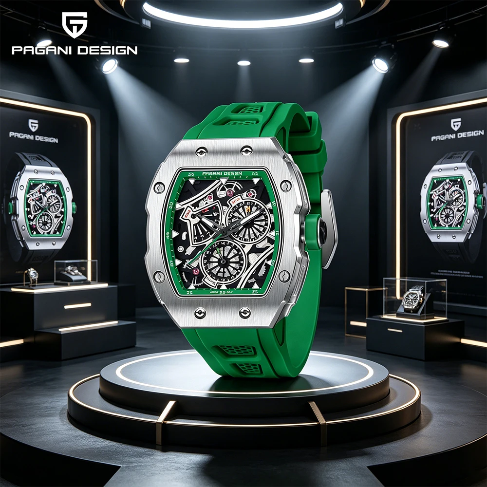 Relógio Skeleton PAGANI DESIGN Automático Masculino, Relógio de Quartzo 41MM, Silicone, Quadrado, Safira, à Prova d'Água, Relógio Masculino