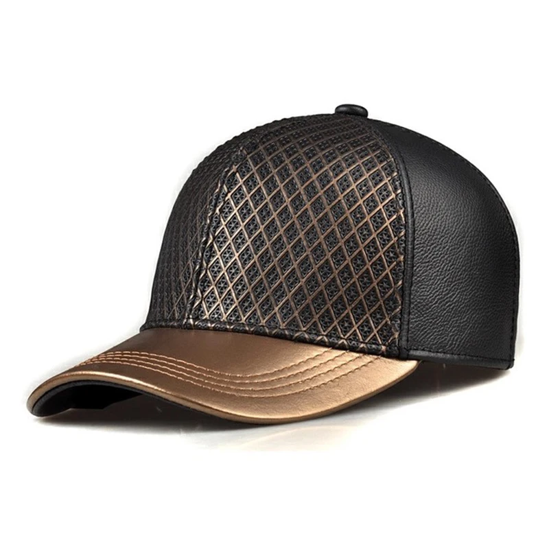 Exclusive 2025 Unisex Hip Hop Genuine Leather Baseball Hats For Man/Woman Golden Caps Grid Net Surface Street Luxury Gorros