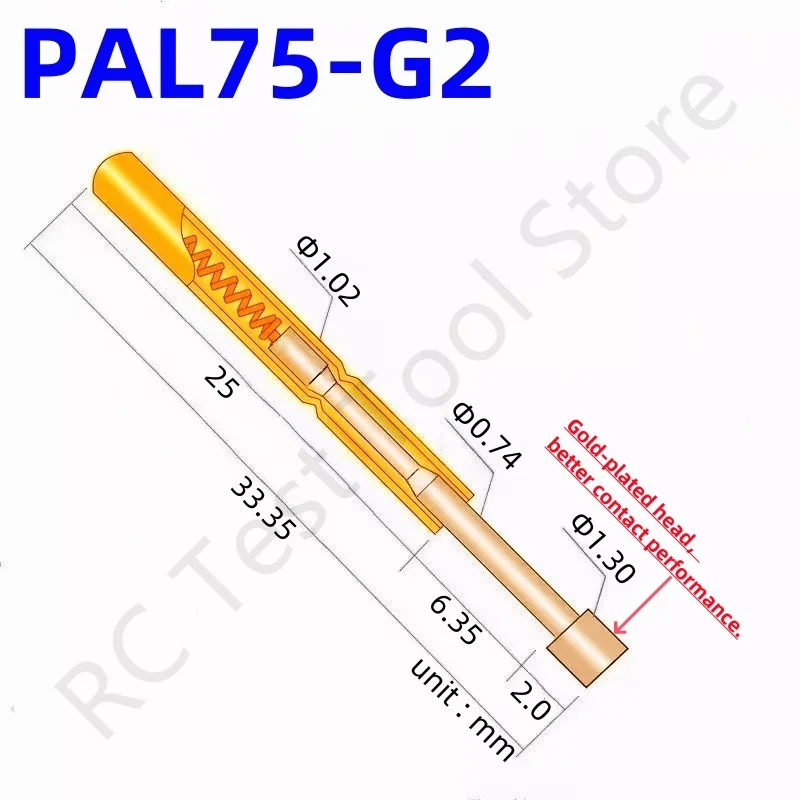 

100PCS PAL75-G2 Spring Test Probe PAL75-G Test Pin Test Tool 33.35mm Dia1.02mm Gold Needle Tip 1.30mm Pogo Pin PL75-G PL75-G2