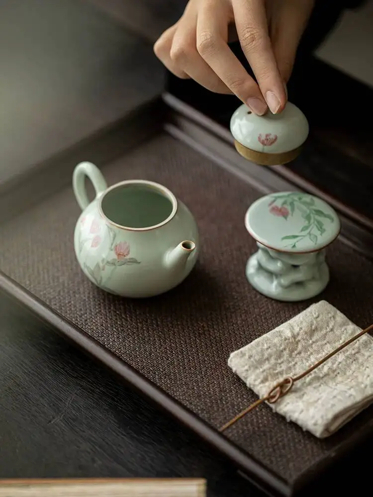 Wuyintang Tianqing Ru Kiln Teapot For Home Use Hand Painted Brewing Pot Crackle Glaze Can Be Nurtured Kung Fu Tea Set
