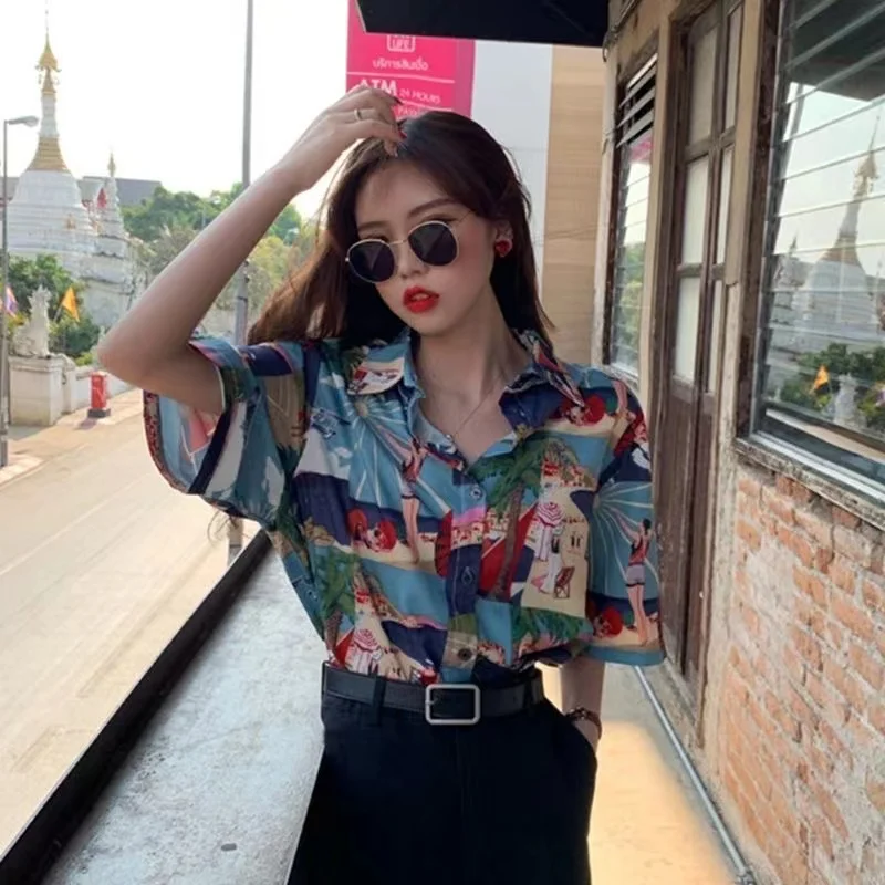 Women\'s Fashion Casual Loose Short Sleeve Shirt New Summer Retro Hong Kong Style T-shirt Hip Hop Alphabet Print Shirt Half Sleev