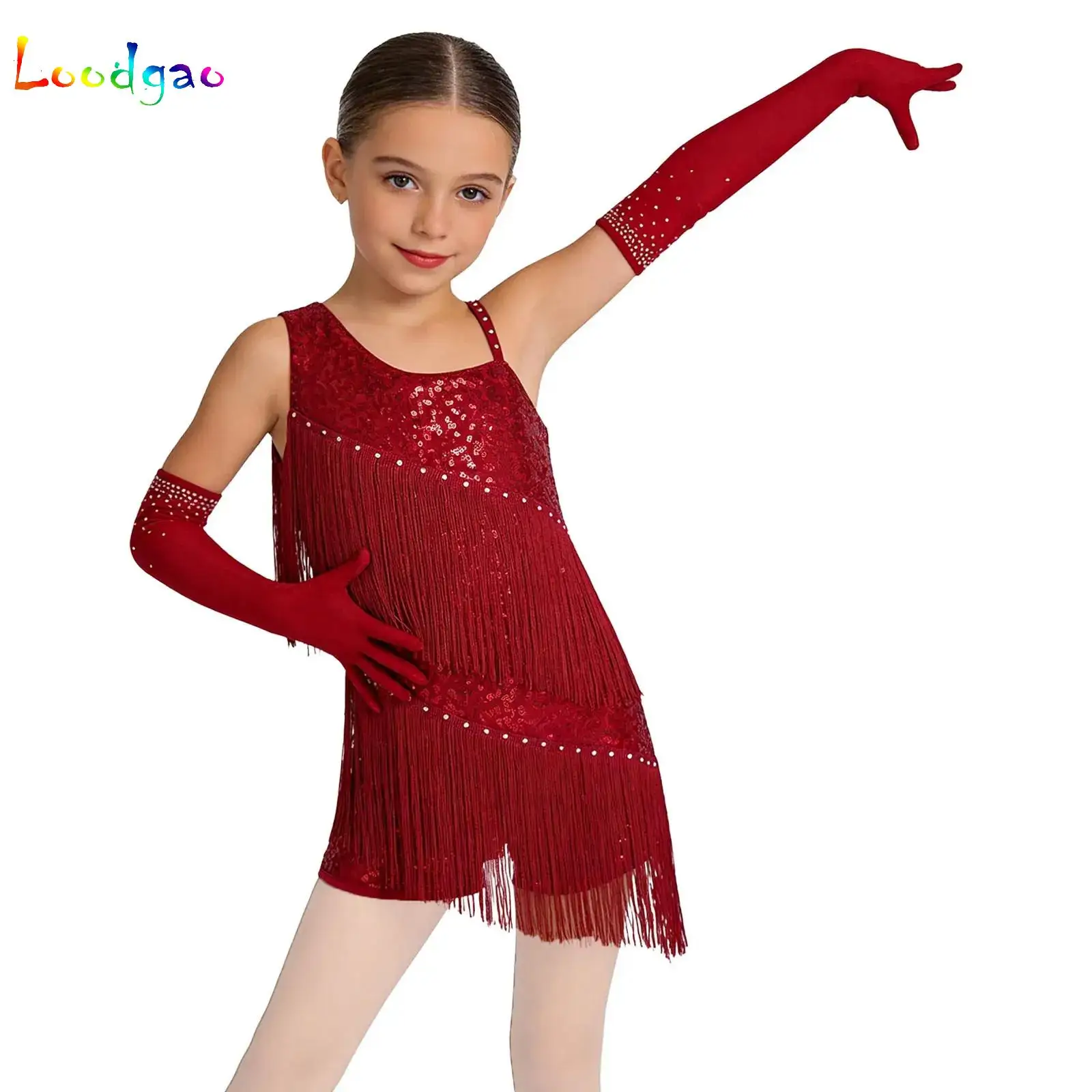 

Платье для латинских танцев с пайетками для девочек, детское платье-трико с бахромой, профессиональный костюм для соревнований по чача-ча-ча, румбе, танго + перчатки