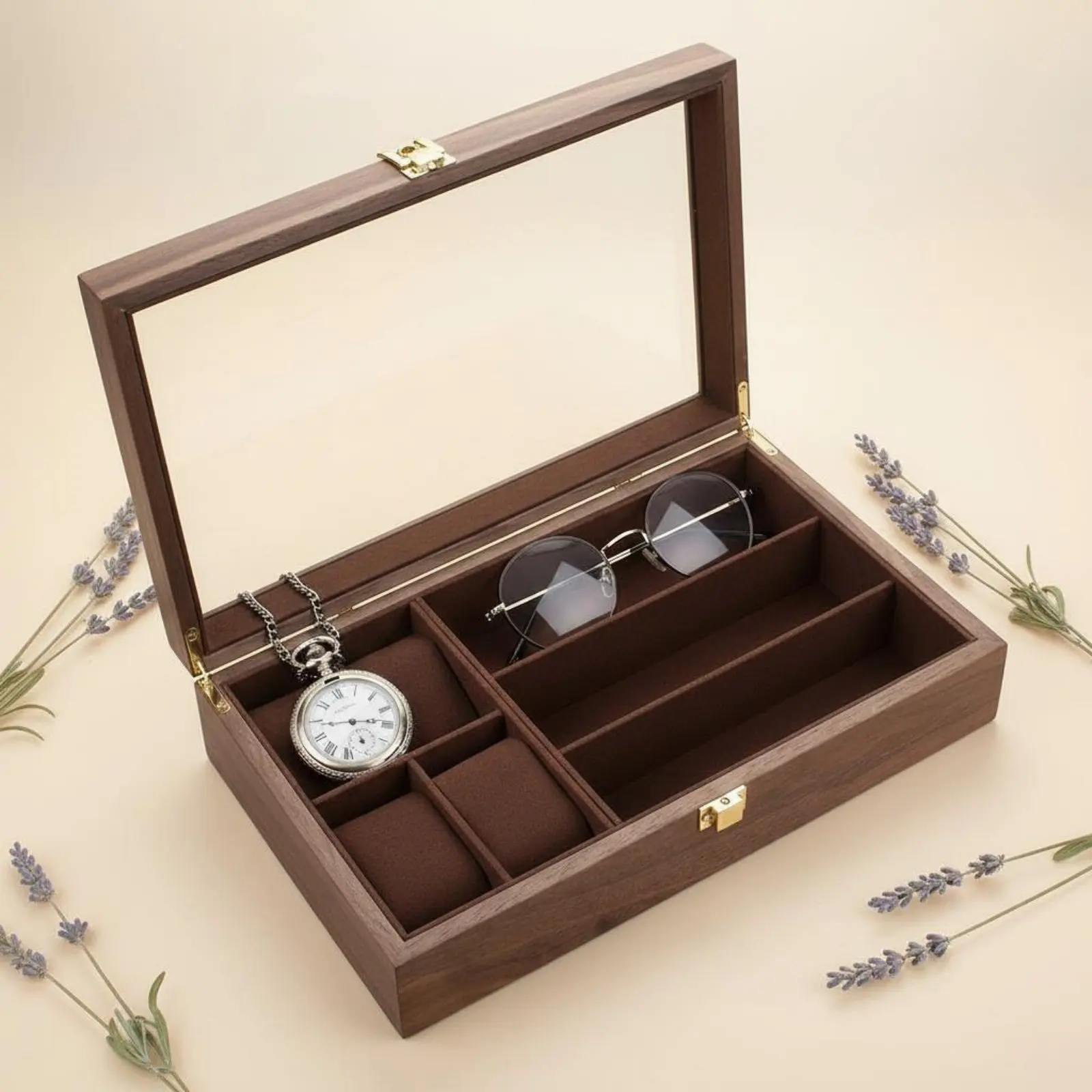4 Slot Watch 3 Slot Glasses Holder Vintage Design Timeless Timepiece and Glasses Box Multi-Functional Jewelry Organizer