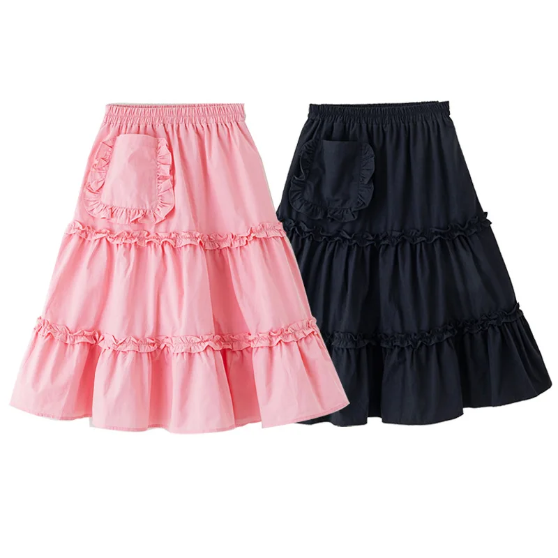 Girls Skirt Spring Summer 2026 New Kids Lace Ruffle A-Line Sweet Long Dress School Teen Casual Fashion Layered Skirts Daily Wear