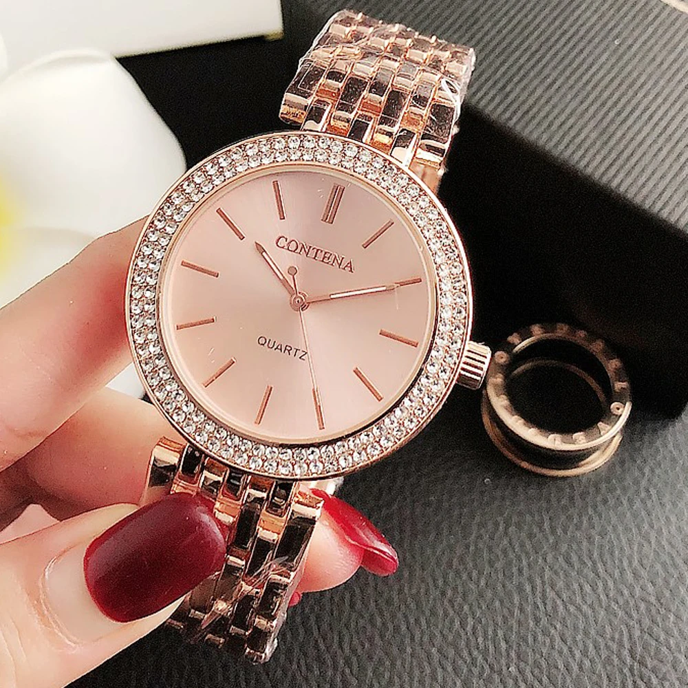 Contena Brand Luxury Women's Watch 2023 Fashion Rhinestones Stainless Steel Quartz Watch Simple Elegant Ladies Watch Reloj Mujer