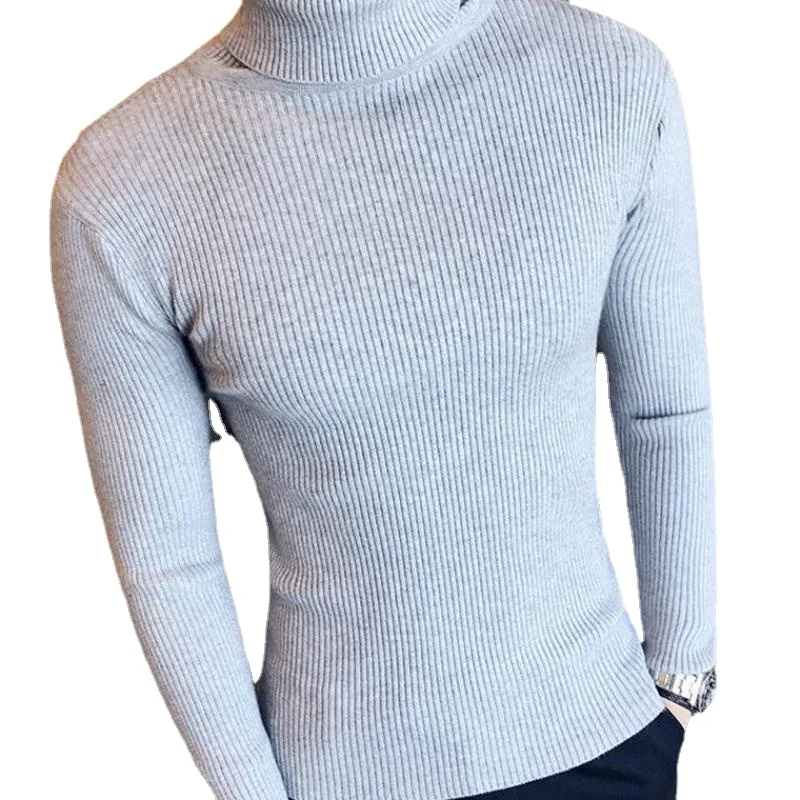 2022 New Men's Solid Color Vertical Strip Slim Bottoming Turtleneck Sweater European and American Style Long-sleeved Sweater