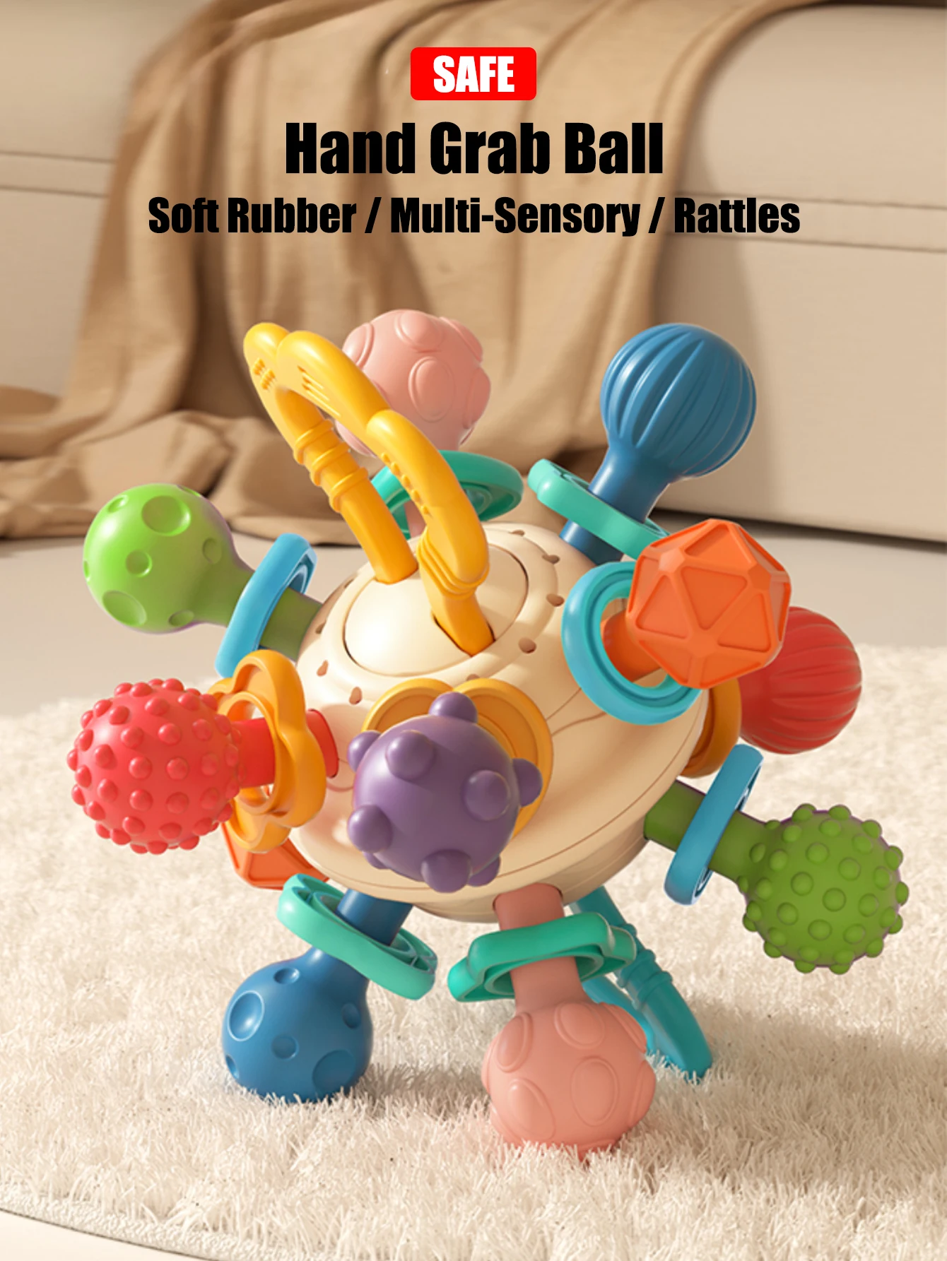 1 piece of early sensory training ball for infants aged 0-1 years old. A soft rubber grip ball that makes a sound when shaken