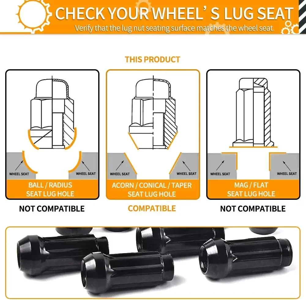 쉐보레 교외 1500, 아발란치 6 러그 애프터 마켓 휠용 휠 러그 너트 스플라인, 블랙 또는 크롬 14x1.5, M14x1.5, 24 개