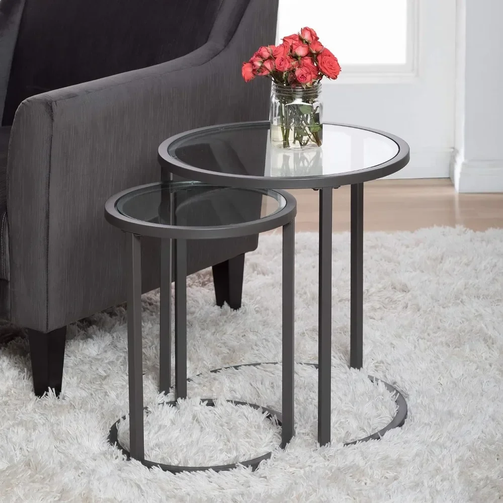 Coffee table, 19.75 inches compact space, metal frame and glass, end nesting table