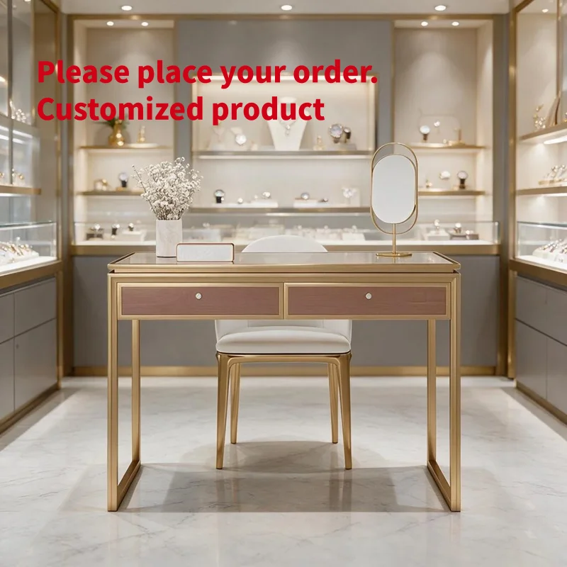 custom.Luxury Glass Top VIP Desk Gold Frame Wood Drawer Mirror LED Backlit Alcove Watch Jewelry Marble Boutique Reception Table