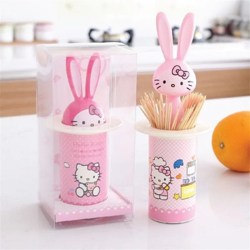 Kawaii Hello Kitty Rabbit Toothpick Bottle Cartoon Anime Accessories Automatically Shrink Press-to-Press Toothpick Storage Box