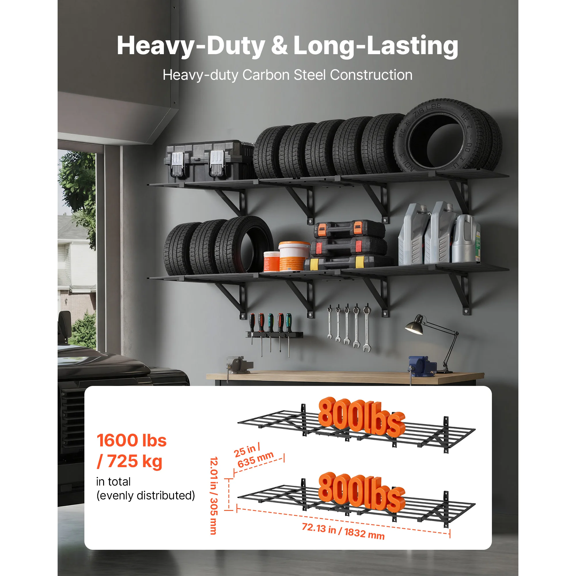 SucceBuy 2-Tier Wall Garage Shelving Wall Mounted Shelving Unit 24x72in 800lbs Per Shelf Floating Storage Metal Rack for Garage
