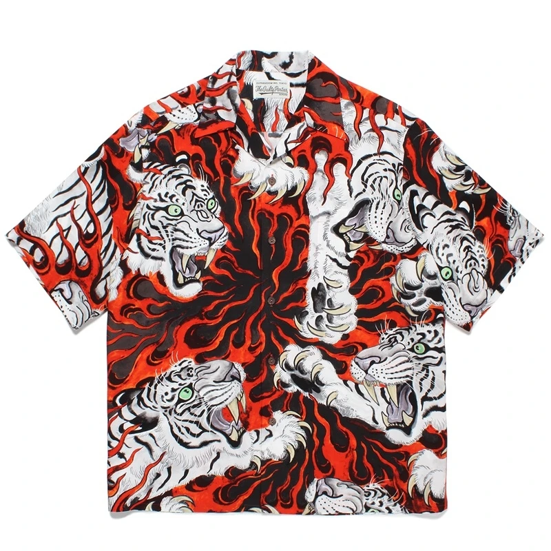 Flaming Tiger Voll druck kubanischen Hals Hawaii Kurzarmhemd hochwertige antike Herren Damen lässig Wacko Maria Shirt