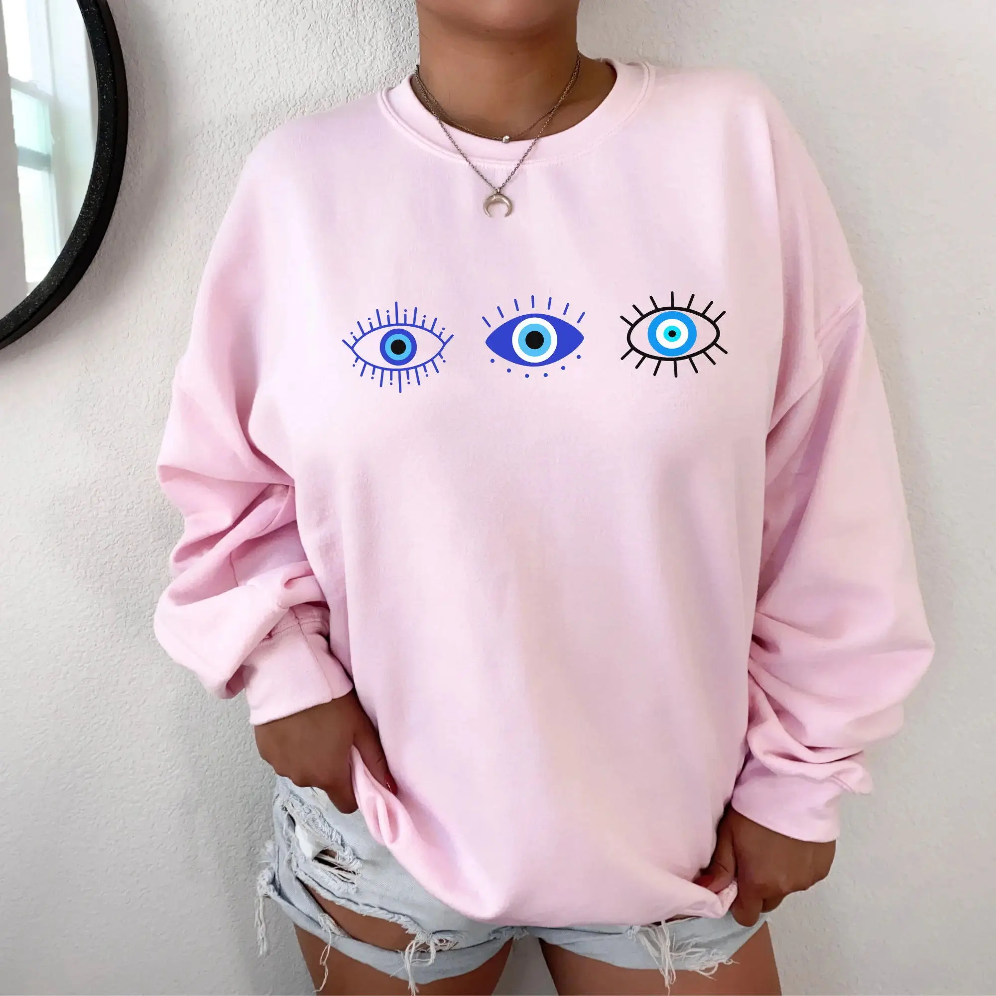 Colored Evil Eye Gothic Sweatshirt Funny Women Fashion Grunge Unisex Streetwear Aesthetic Casual Outfit Jumper Fit Pullovers Top