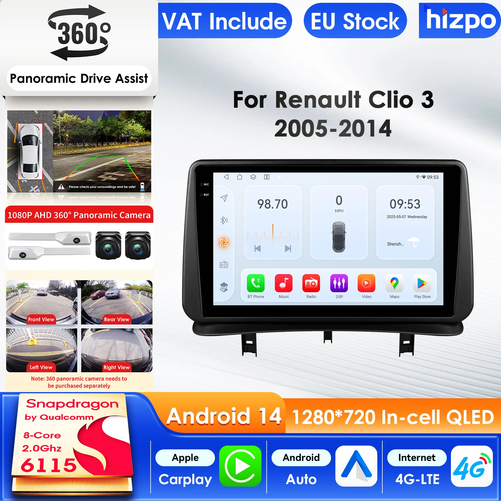 Hizpo 9 Zoll Carplay 4G AI-Systeme Android 15 Autoradio für Renault CLIO 3 2005-2014 Multimedia-Videoplayer GPS 2-DIN Autoradio 9 Zoll Intelligenter Bildschirm QLED-Display Automotive Head Unit