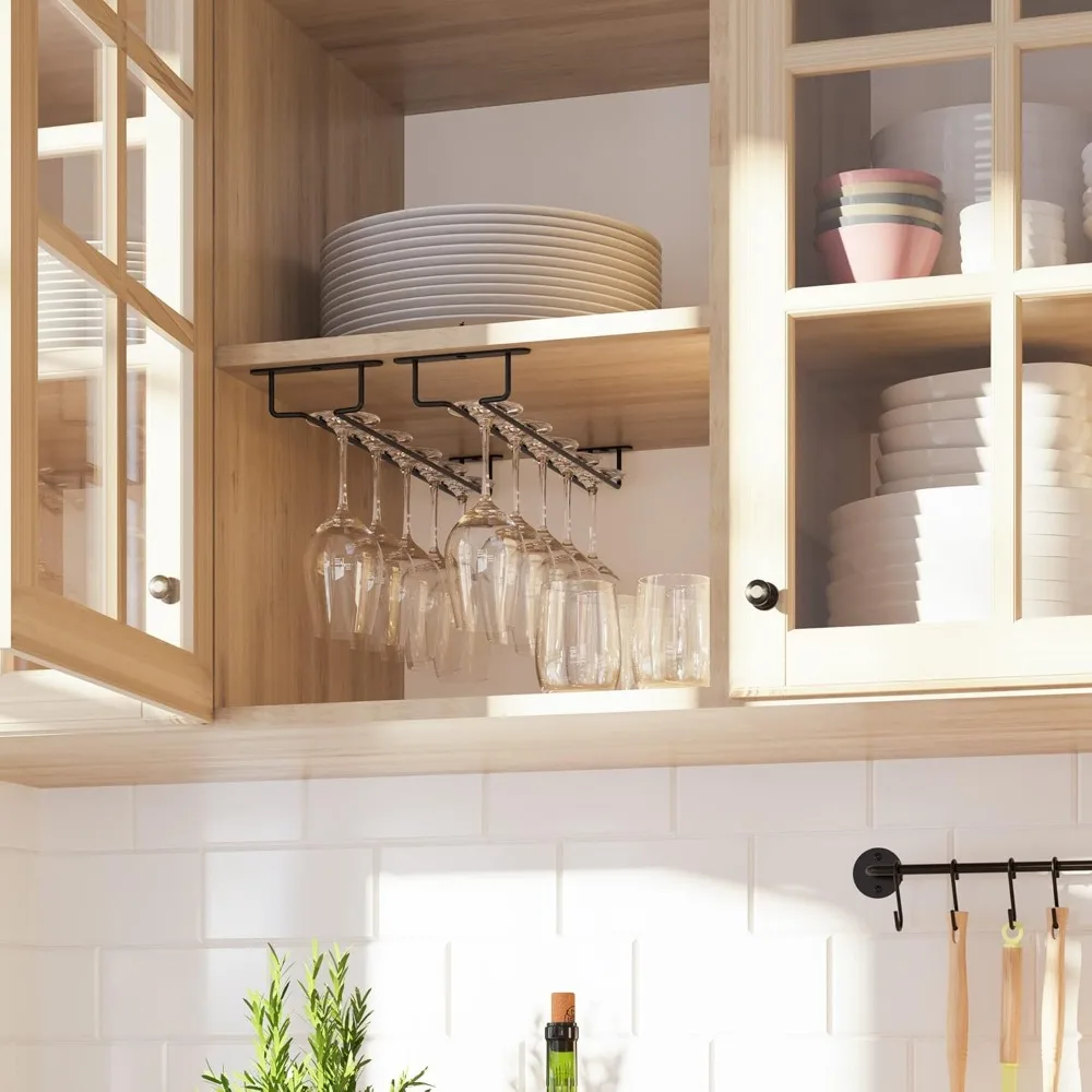 ชุดที่แขวนแก้วไวน์ใต้ตู้ 2 ชิ้น สีดำ ทำจากเหล็ก ขนาด 17 นิ้ว สำหรับจัดเก็บและตกแต่งห้องครัว