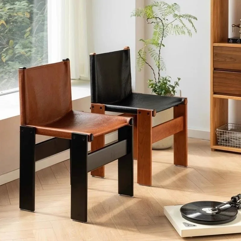 Nordic Minimalist Vintage Mid Century Solid Wood Waxed Leather Comfort Dining Chair Living Room Home Decor Novelty New Indoor