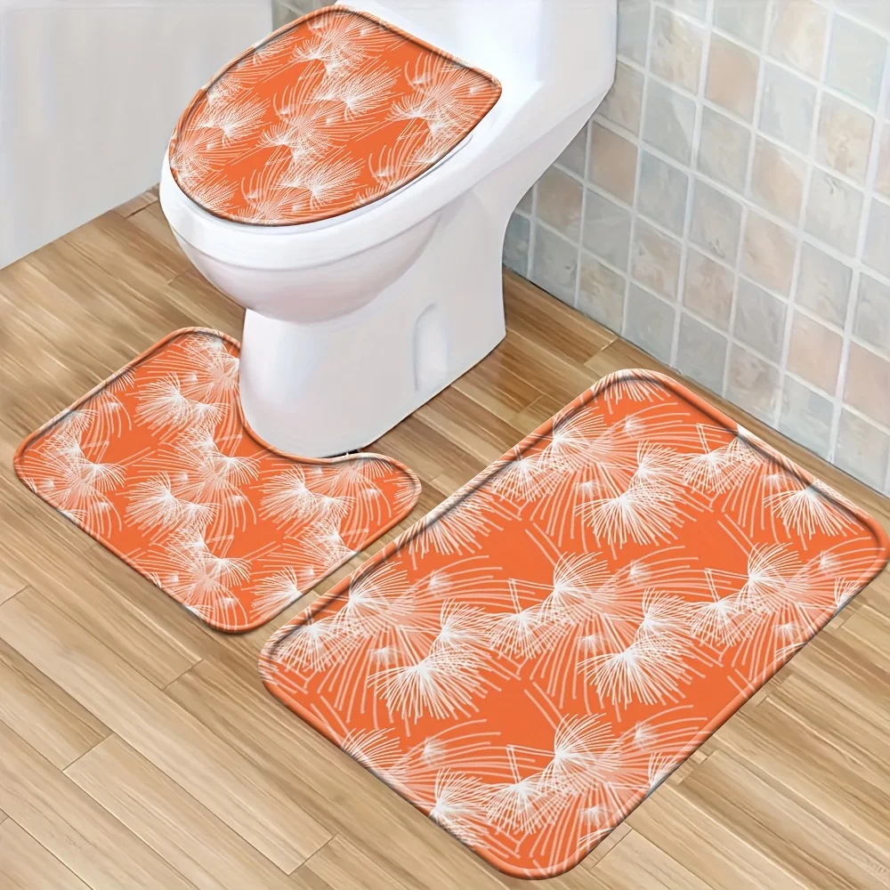 

Набор для ванной комнаты из трех предметов с оранжевым узором пальмовых листьев: коврик, накладка на крышку унитаза и U-образный коврик из мягкого фланеля, нескользящий, для современного декора ванной.