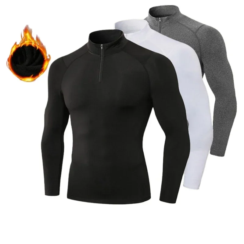 Compression Shirt Men Autumn Fleece Running T-shirt Half Zipper Gym Tight Fitness Sportswear Quick Dry Bodybuilding Muscle Tops