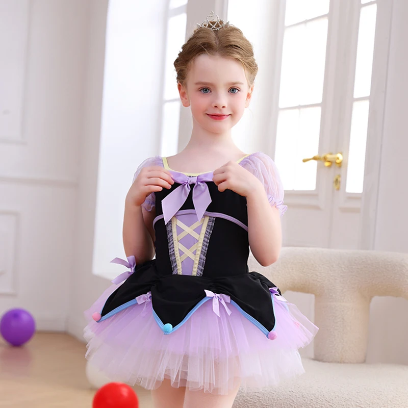 

Детское балетное платье принцессы для детей от 3 до 8 лет, черная, фиолетовая юбка-пачка, танцевальный костюм балерины, пышные рукава, декор с бантом, эластичная одежда для выступлений