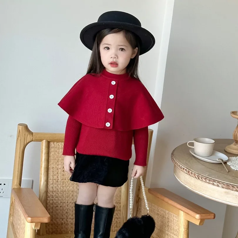 Wholesale girls fashion cape sweater children's clothing everything with red sweater