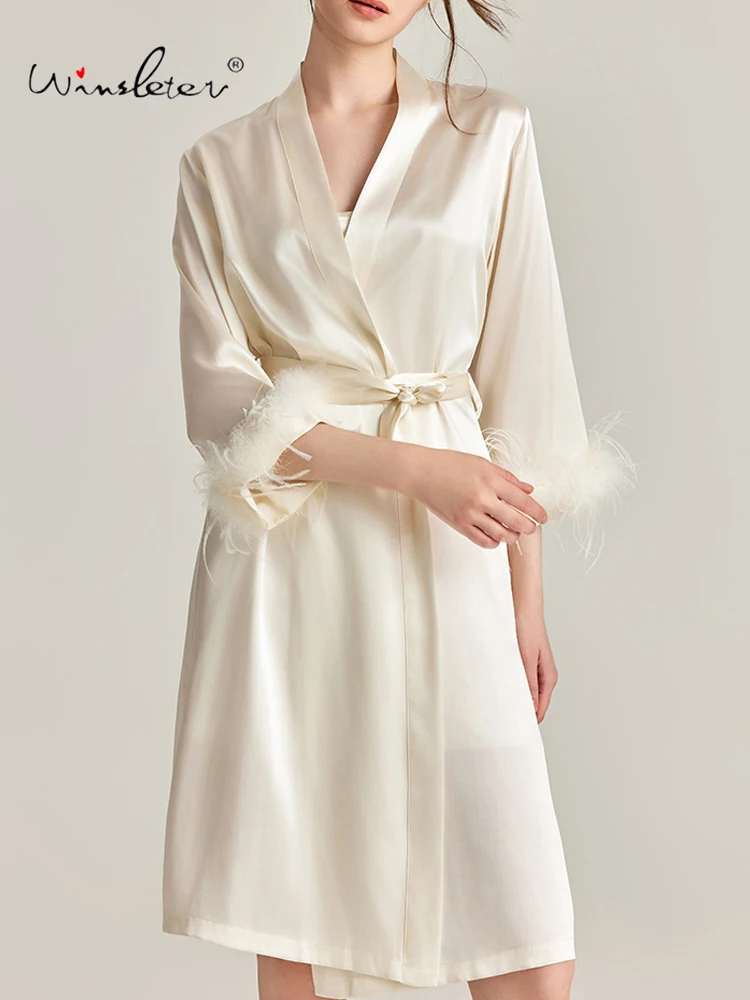 Winsleter, Sexy Feather Night-robe, Women 3/4 Sleeve Solid, French Comfortable Pajamas Robe, 2024 Summer Autumn New P47047QC