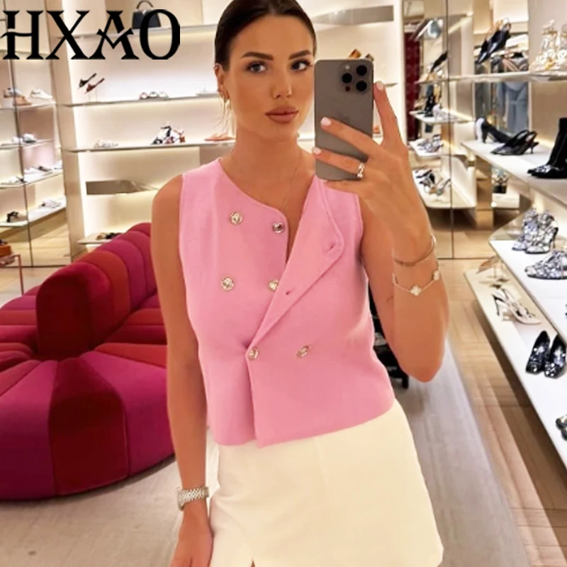 

HXAO Sweter жилет укороченные свитера вязаный жилет без рукавов женский жилет летний двубортный новый вязаный элегантный женский топ