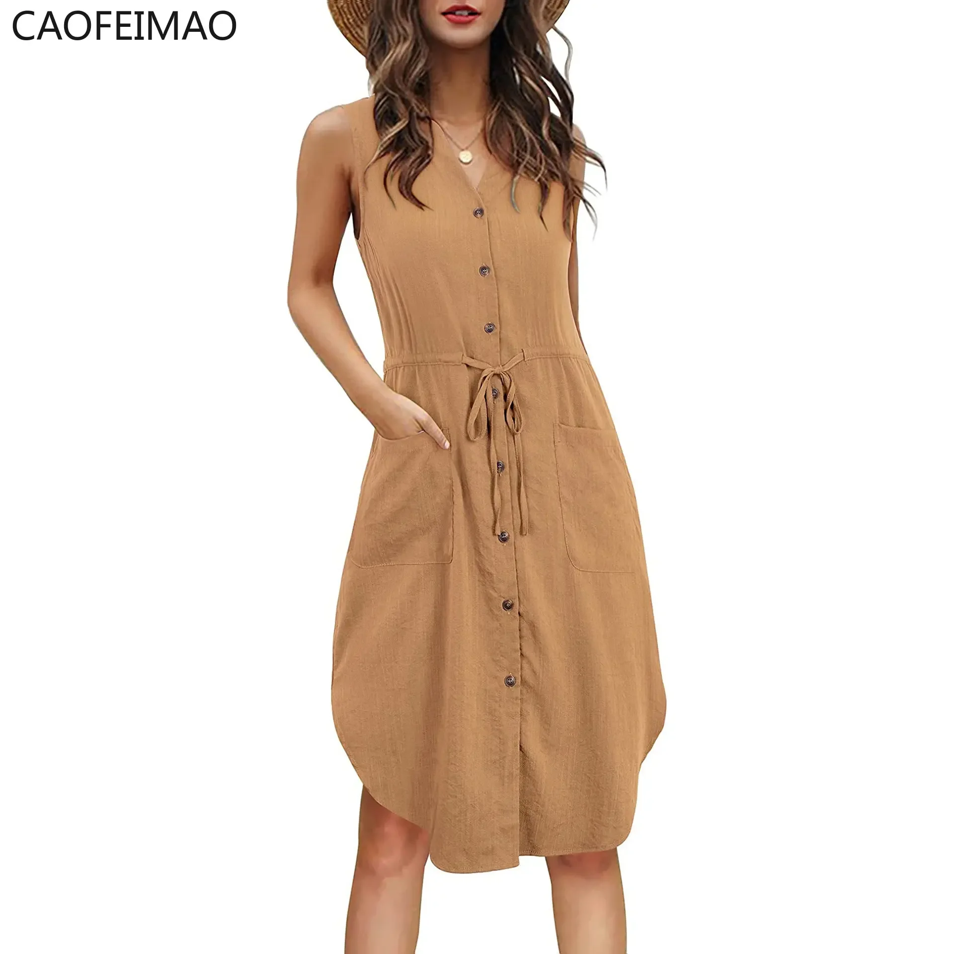 Casual Print Summer Beach Dress 2023 Sundress Sexy Spaghetti Strap V-Neck Button Women Midi Vestidos Red Robe Femme