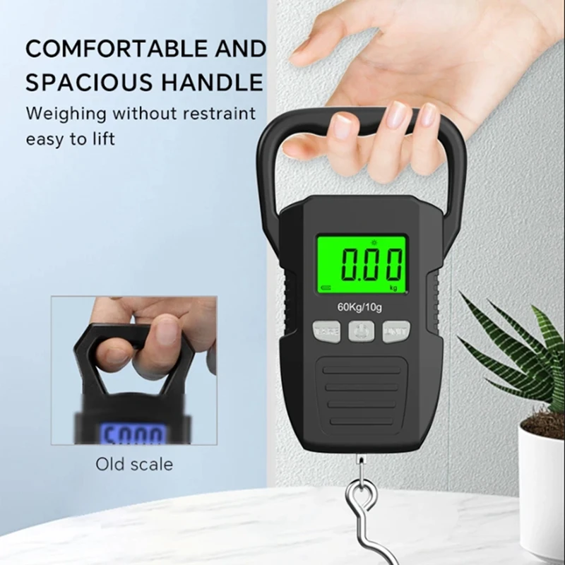 Black 60Kg/10G LCD Digital Hanging Scale Set USB Recharged Crane Hook Scales Courier Luggage Home Weighing Balance Tools Set