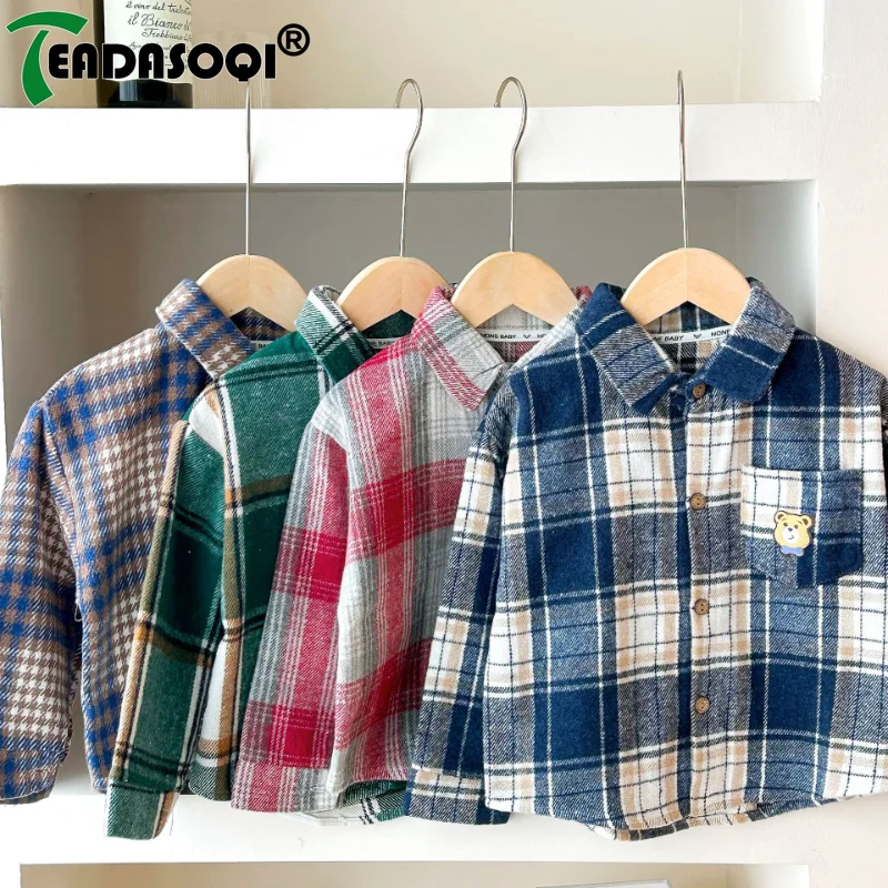 2-9Y Children's Plaid Shirt Clothing For Boys And Girls Autumn Winter Long Sleeve Lapel Single Breasted Cardigan Base T-Shirt